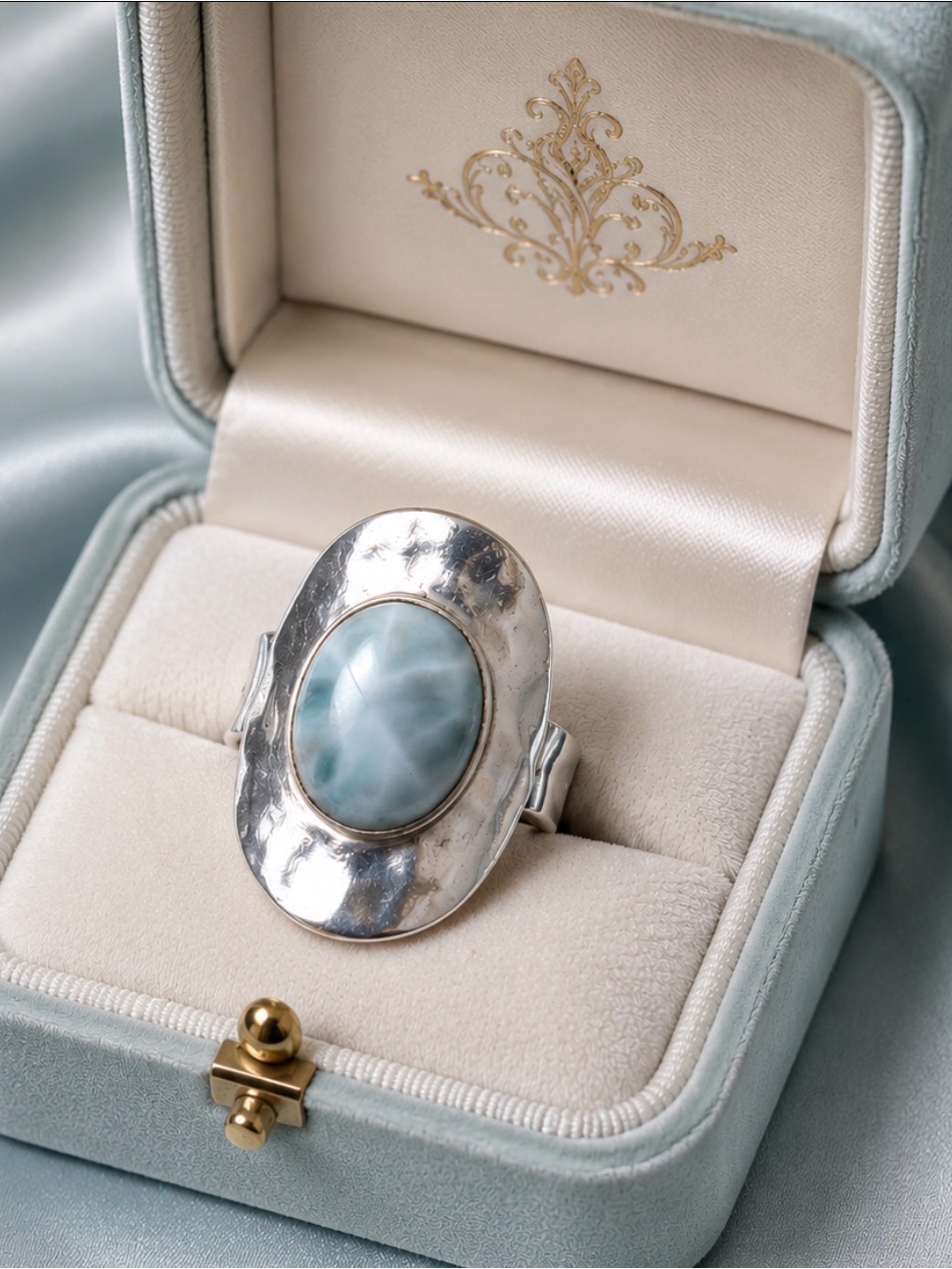 Ring Sterling Silver Genuine Larimar Oval Statement Bold